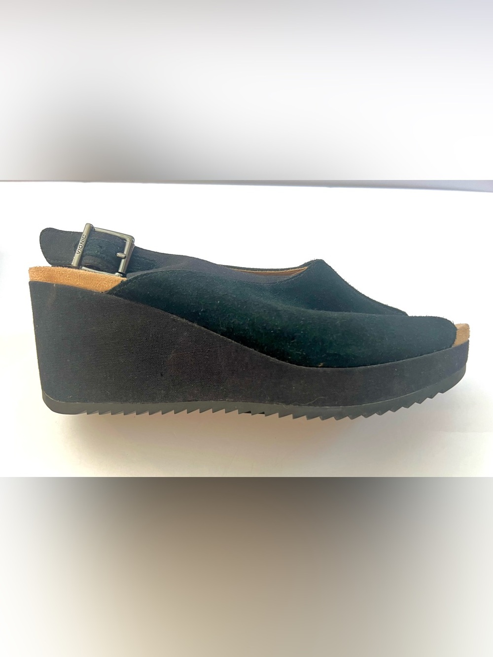 Vionic Black Suede Trixie Slingback Platform Wedges Size 10M